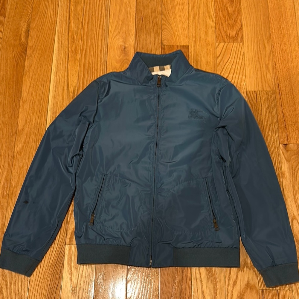 Burberry Blue Bomber Jacket with Stand-Up Collar and Elasticized Cuffs